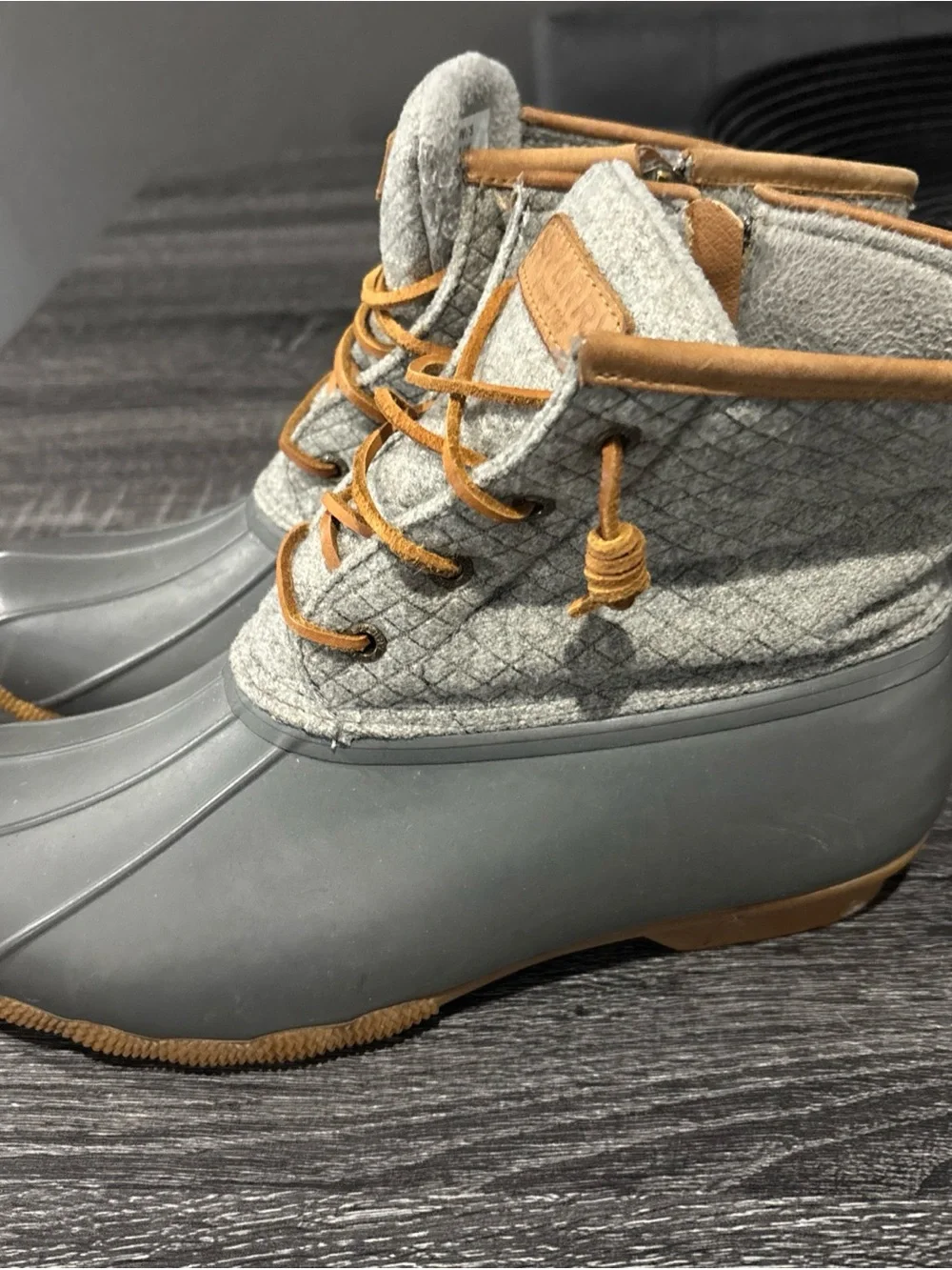 Sperry Gray and Tan Quilted Duck Boots